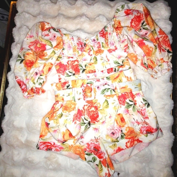 love bell Pants - Love Bell High Waist Floral top and Shorts set Vibrant Orange Pink